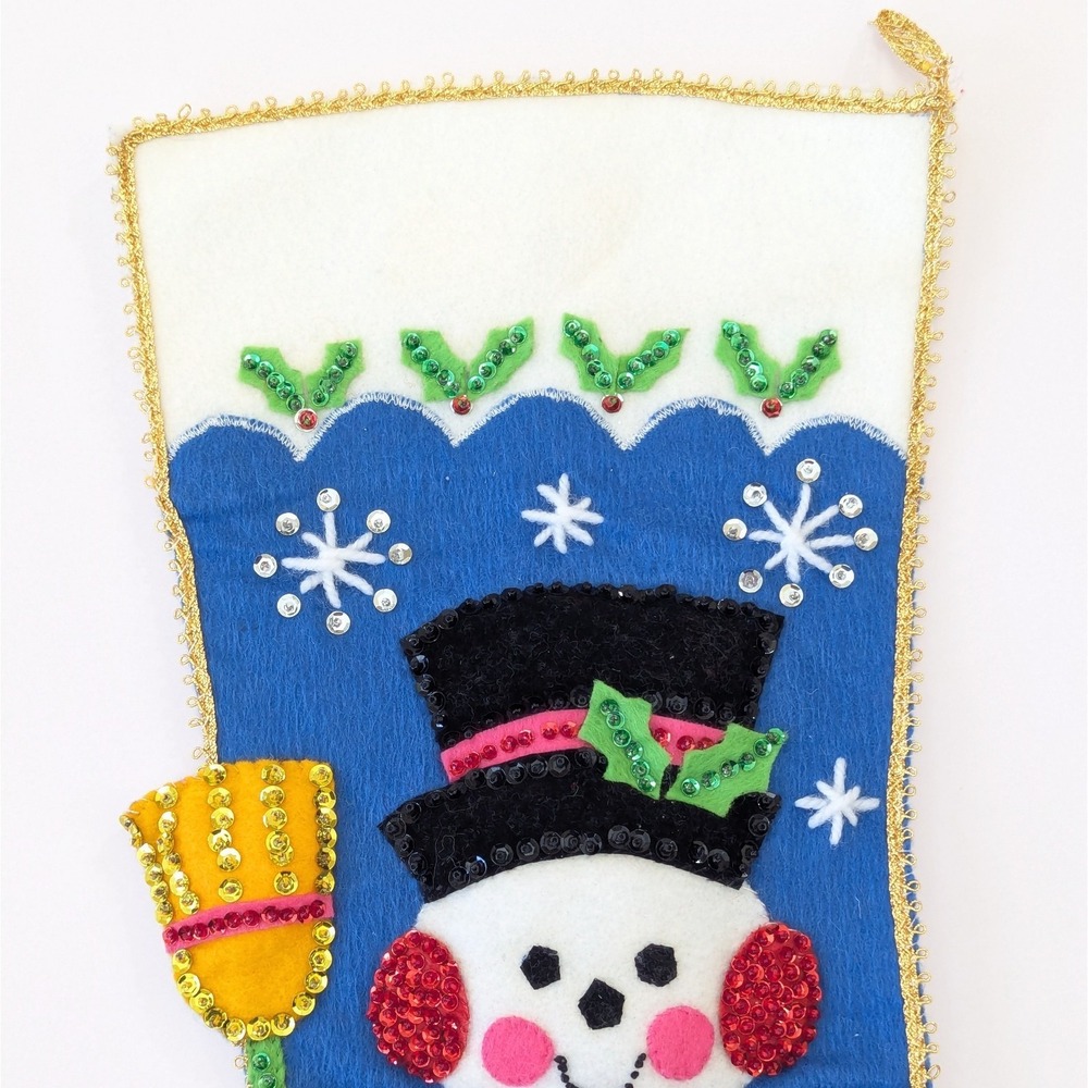 Vintage Finished Bucilla Felt Sequin Beaded Christmas Stocking Snowman w/Broom - Picture 7 of 9